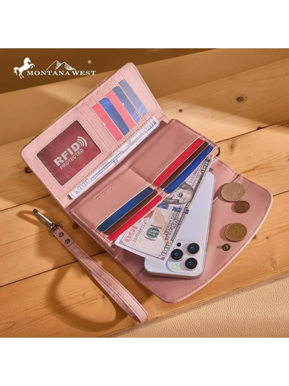 Western Floral Tooled Cowhide Wristlet Wallet for Women - Large Capacity Trifold